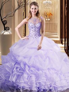 Best Lavender Quinceanera Gowns Military Ball and Sweet 16 and Quinceanera and For with Beading and Ruffles and Pick Ups Scoop Sleeveless Brush Train Lace Up