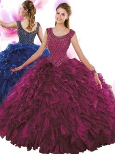 Most Popular Fuchsia Scoop Neckline Beading and Ruffles Quinceanera Dress Sleeveless Zipper