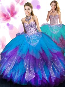 Tulle Sweetheart Sleeveless Lace Up Beading and Ruffled Layers Sweet 16 Quinceanera Dress in Multi-color