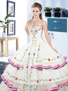 Cute Ruffled Floor Length White 15 Quinceanera Dress Scoop Sleeveless Lace Up