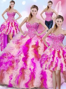 Four Piece Sweetheart Sleeveless Tulle Sweet 16 Dress Beading and Ruffles Lace Up