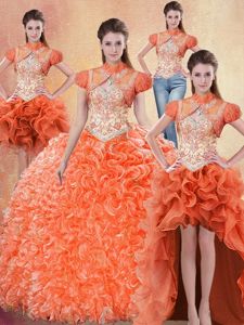 Luxury Four Piece Orange Red Lace Up Straps Beading and Ruffles Quince Ball Gowns Organza Sleeveless Brush Train