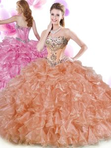 Floor Length Rust Red and Peach 15 Quinceanera Dress Organza Sleeveless Beading and Ruffles