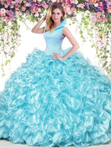 Modern Beading and Ruffles Quinceanera Dress Aqua Blue Backless Sleeveless Floor Length