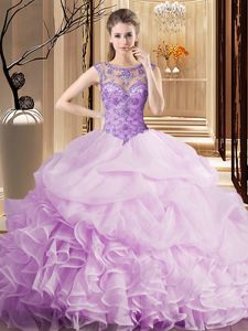 High Class Lilac Organza Lace Up Scoop Sleeveless Vestidos de Quinceanera Brush Train Beading and Ruffles and Pick Ups