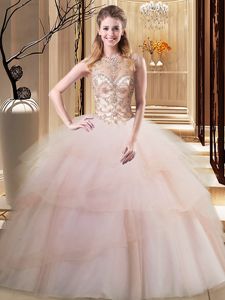 Most Popular Peach Lace Up Scoop Beading and Ruffled Layers Quinceanera Gowns Tulle Sleeveless Brush Train