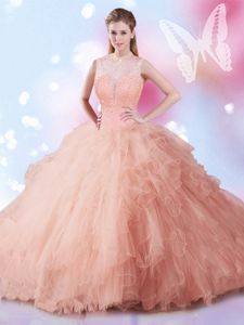 Dazzling Tulle High-neck Sleeveless Lace Up Beading and Ruffles Sweet 16 Dress in Peach