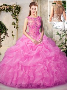 Perfect Scoop Beading and Ruffles and Pick Ups Quinceanera Gown Rose Pink Lace Up Sleeveless Floor Length