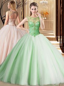 Scoop Apple Green Sleeveless Beading Lace Up Quinceanera Gown