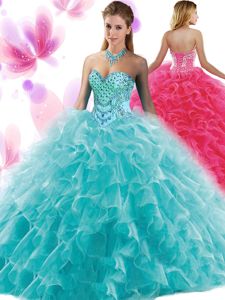 Dazzling Teal Organza Lace Up Sweetheart Sleeveless Floor Length Quinceanera Dress Beading and Ruffles