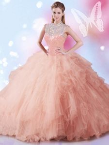 Stylish Sequins Peach Sleeveless Tulle Zipper Quince Ball Gowns for Military Ball and Sweet 16 and Quinceanera