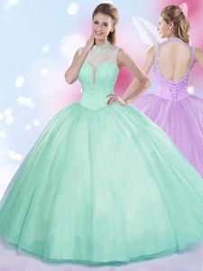 Floor Length Apple Green Vestidos de Quinceanera High-neck Sleeveless Lace Up