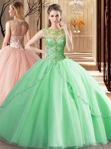 Inexpensive Scoop Apple Green Ball Gowns Beading Quince Ball Gowns Lace Up Tulle Sleeveless