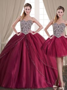 Custom Design Three Piece Sweetheart Sleeveless Lace Up Sweet 16 Dresses Burgundy Tulle