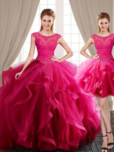 Three Piece Scoop With Train Hot Pink 15 Quinceanera Dress Tulle Brush Train Cap Sleeves Beading and Appliques and Ruffles