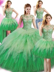 Popular Four Piece Ball Gowns Quinceanera Dresses Green Scoop Tulle Sleeveless Floor Length Lace Up