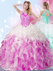 Captivating Halter Top Multi-color Lace Up Sweet 16 Dress Beading and Ruffles and Pick Ups Sleeveless Floor Length