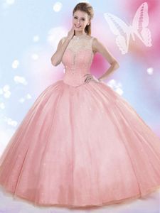 Fancy High-neck Sleeveless Tulle Quinceanera Gowns Beading Lace Up