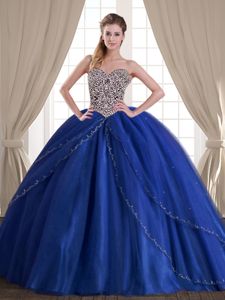 Simple Royal Blue Ball Gowns Beading Vestidos de Quinceanera Lace Up Tulle Sleeveless With Train