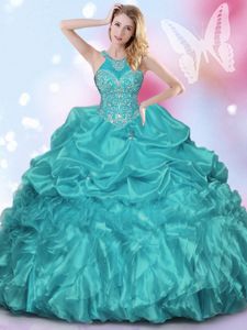 Glittering Teal Lace Up Halter Top Appliques and Ruffles and Pick Ups Quinceanera Gowns Organza and Taffeta Sleeveless