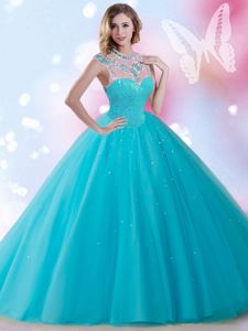 Aqua Blue Sleeveless Floor Length Beading and Sequins Zipper 15th Birthday Dress