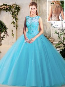 Hot Sale Scoop Sleeveless Tulle Floor Length Lace Up 15 Quinceanera Dress in Baby Blue for with Beading