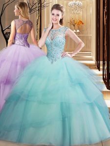 Scoop Beading and Ruffled Layers Quinceanera Gowns Light Blue Lace Up Sleeveless Brush Train