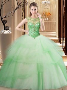 Adorable Scoop Sleeveless Tulle Brush Train Lace Up Quinceanera Gowns in Apple Green for with Beading and Ruffled Layers