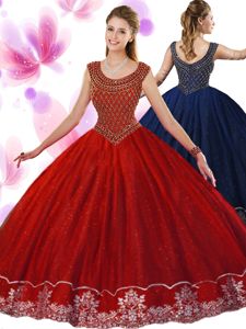 Noble Scoop Sleeveless Zipper Quinceanera Gowns Wine Red Tulle