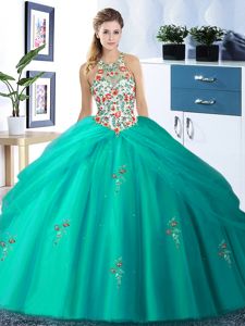 Classical Pick Ups Ball Gowns Sweet 16 Quinceanera Dress Turquoise Halter Top Tulle Sleeveless Floor Length Lace Up