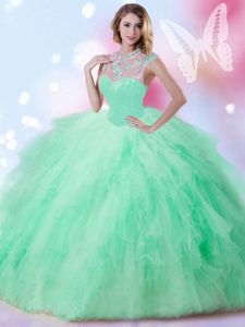 Sleeveless Floor Length Beading and Ruffles and Sequins Zipper 15th Birthday Dress with Apple Green