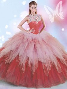 Perfect Multi-color High-neck Neckline Beading and Ruffles Sweet 16 Quinceanera Dress Sleeveless Zipper