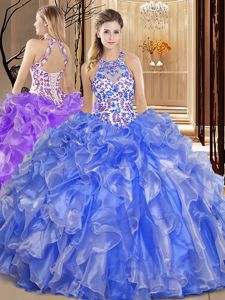 Fashionable Blue Ball Gowns Organza Scoop Sleeveless Embroidery and Ruffles Floor Length Backless Quinceanera Gowns