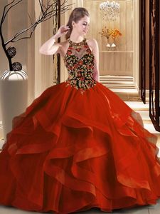 Rust Red Ball Gowns Tulle Scoop Sleeveless Embroidery and Ruffles Backless Quince Ball Gowns Brush Train