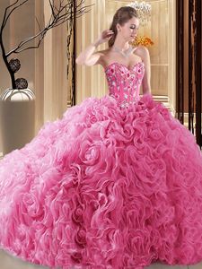 Great Embroidery and Ruffles and Pick Ups Quinceanera Dress Rose Pink Lace Up Sleeveless Floor Length