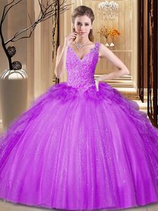 Excellent Backless V-neck Sleeveless Sweet 16 Dresses Floor Length Appliques and Ruffles and Sequins Purple Tulle and Sequined