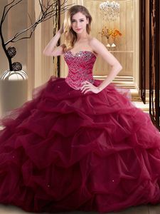 Beading and Ruffles Vestidos de Quinceanera Burgundy Lace Up Sleeveless Floor Length