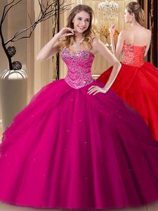 Fuchsia Lace Up Sweetheart Beading Sweet 16 Quinceanera Dress Tulle Sleeveless