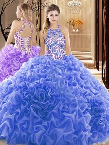 Fine Sleeveless Embroidery and Ruffles Backless 15 Quinceanera Dress with Blue Court Train