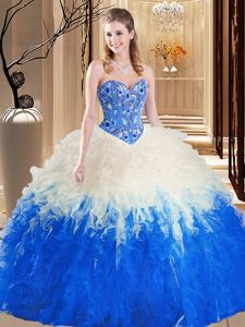 Unique Floor Length Lace Up Sweet 16 Quinceanera Dress Blue And White and In for Military Ball and Sweet 16 with Embroidery and Ruffles