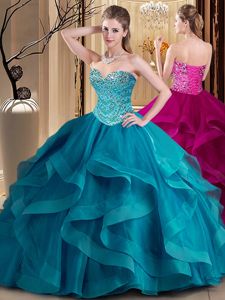 Sleeveless Tulle Floor Length Lace Up Quince Ball Gowns in Teal for with Beading and Ruffles