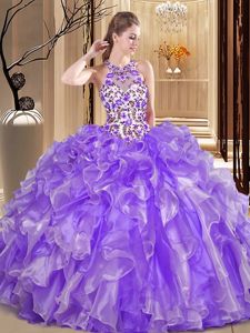 Eye-catching Scoop Sleeveless Organza Vestidos de Quinceanera Embroidery and Ruffles Lace Up