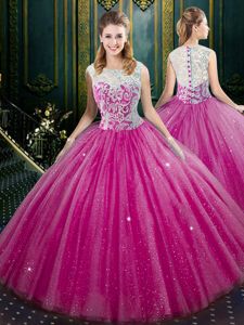 Fuchsia High-neck Neckline Lace 15 Quinceanera Dress Sleeveless Zipper