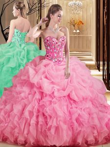 Classical Sweetheart Sleeveless Organza 15th Birthday Dress Embroidery and Ruffles and Pick Ups Brush Train Lace Up