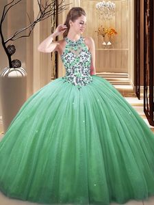 Sleeveless Floor Length Lace and Appliques Lace Up Quince Ball Gowns with Green