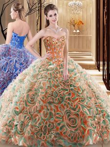 Super Multi-color Fabric With Rolling Flowers Lace Up Sweetheart Sleeveless With Train Sweet 16 Quinceanera Dress Brush Train Embroidery and Ruffles