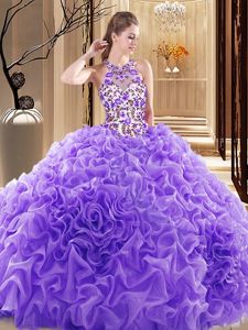 Lavender Organza Backless Sweet 16 Dress Sleeveless Brush Train Embroidery and Ruffles