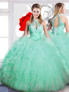 Edgy Apple Green Tulle Lace Up High-neck Sleeveless Floor Length Sweet 16 Dresses Beading