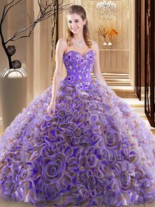 Multi-color Ball Gowns Sweetheart Sleeveless Fabric With Rolling Flowers With Brush Train Lace Up Embroidery and Ruffles Ball Gown Prom Dress