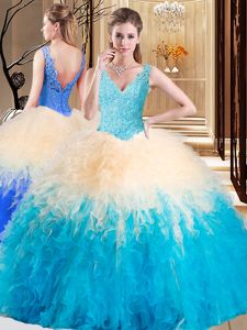 Extravagant Multi-color Ball Gowns V-neck Sleeveless Tulle Floor Length Zipper Appliques and Ruffles Vestidos de Quinceanera